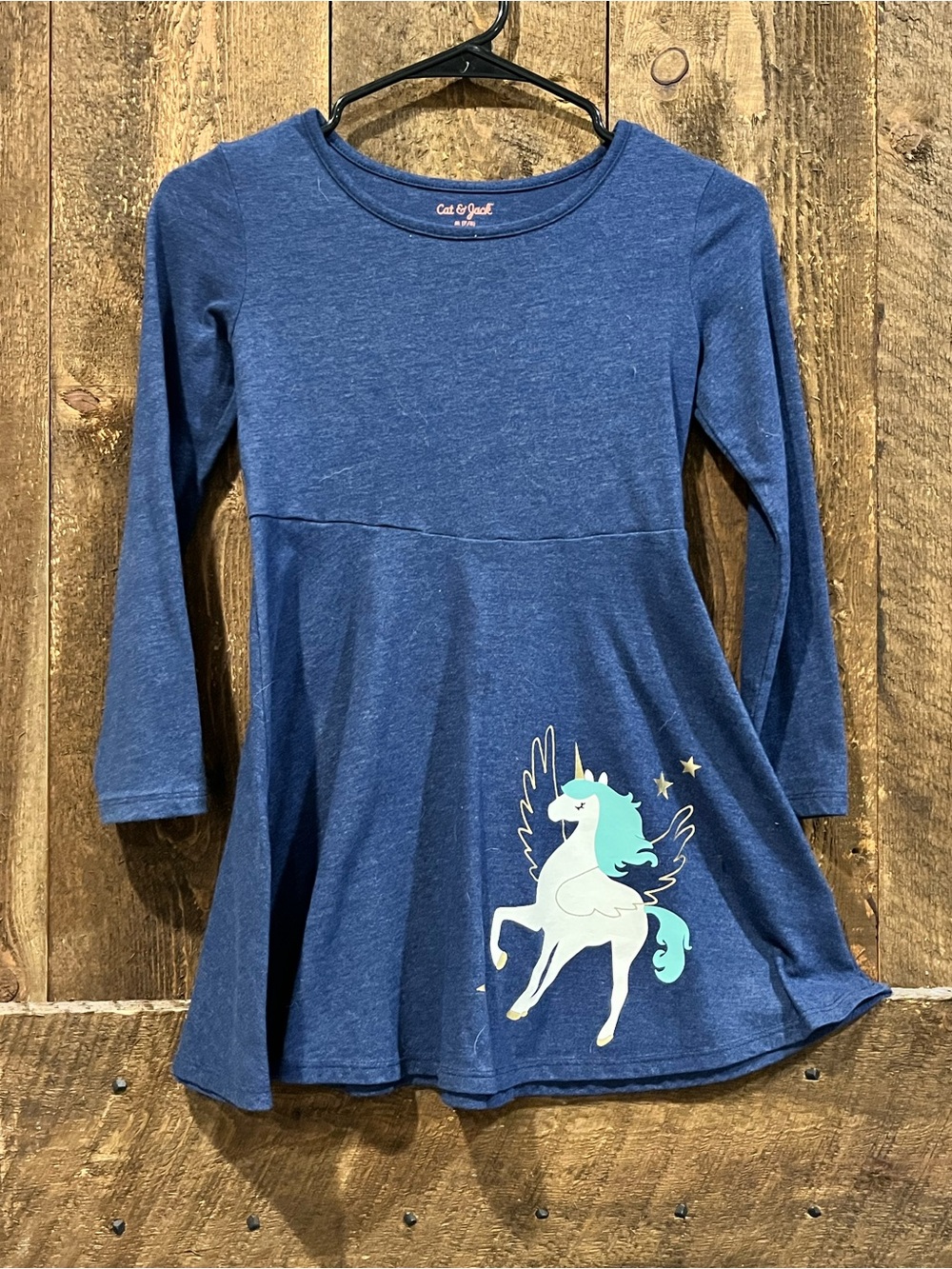 Cat & Jack Navy Long-Sleeve Dress with Mint Unicorn Graphic